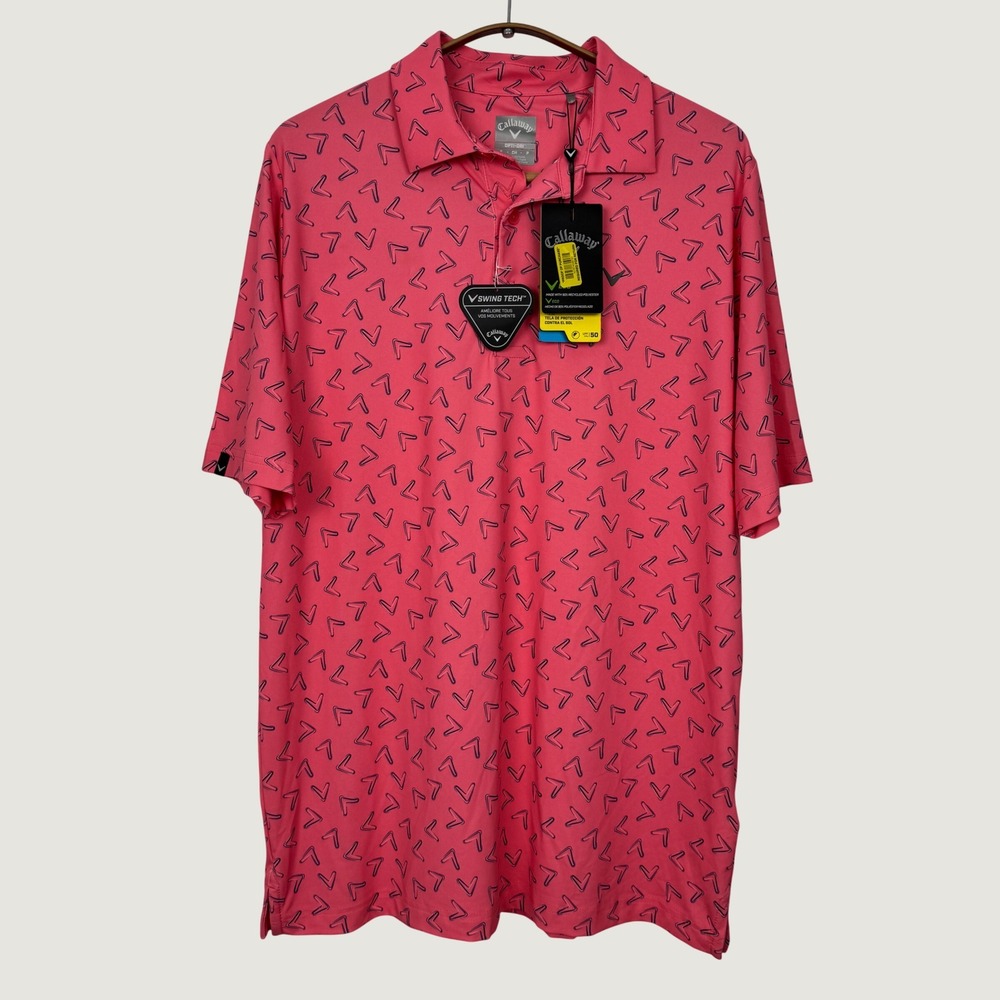Callaway Mens Opti-Dri Golf Polo Strawberry Pink Chevron Swing Tech Small NEW